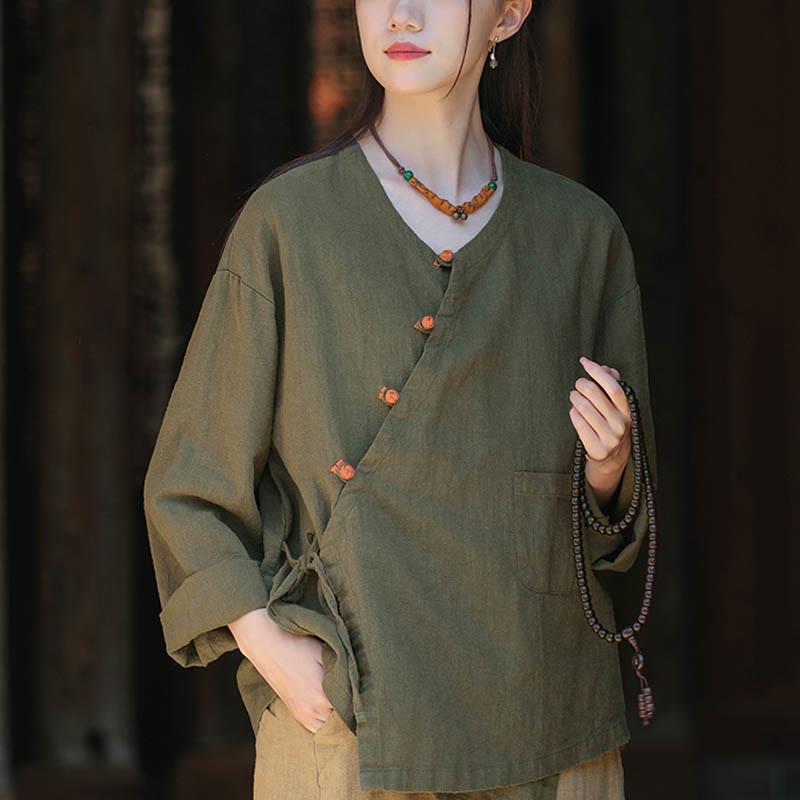 Buddha Stones Solid Color Ramie Linen Loose Blouse Long Sleeve Shirt Chinese Hanfu Top