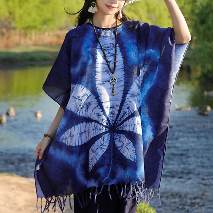 Buddha Stones Blue Batik Shawl Tassels Maple Leaf Cozy Travel Pullover 95*90cm