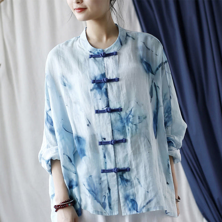 Buddha Stones Tie Dye Blue Flowers Frog-Button Design Long Sleeve Ramie Linen Jacket Shirt