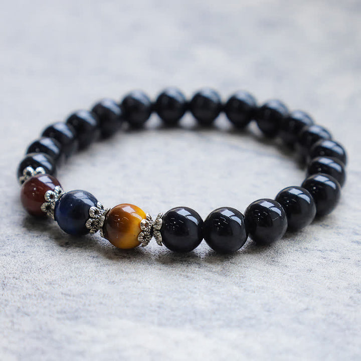 Buddha Stones Natural Black Obsidian Tricolor Tiger Eye Strength Bracelet - image 1
