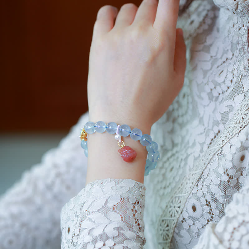 Natural Aquamarine Red Agate Pearl Beads Healing Charm Bracelet - image 2