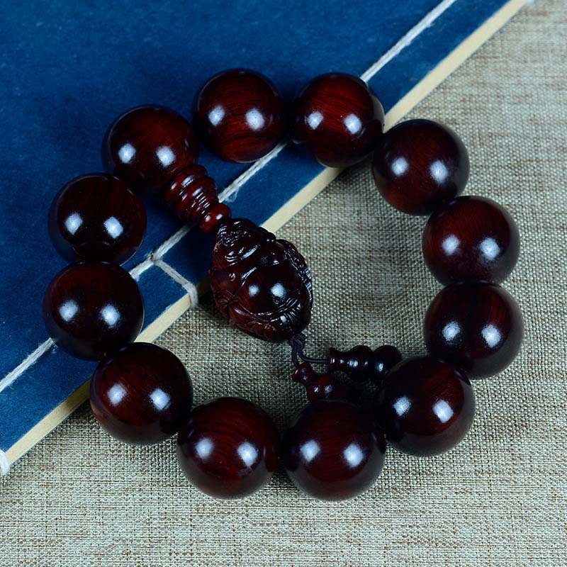 Buddha Stones Small Leaf Red Sandalwood Laughing Buddha God of Wealth Protection Bracelet