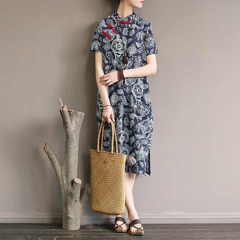 Buddha Stones Blue White Flower Frog-button Cheongsam Dresses Short Sleeve Linen Dresses With Pockets