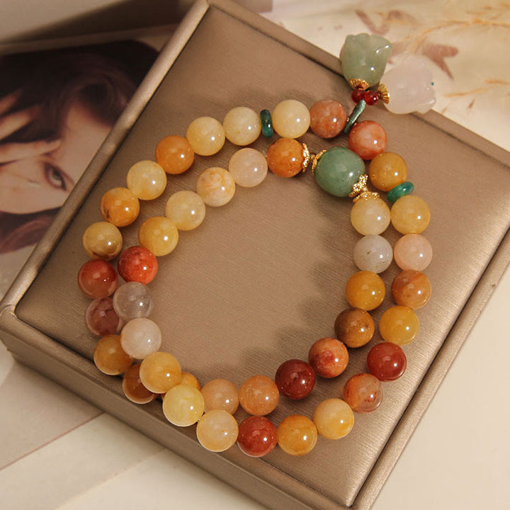 Buddha Stones Tibet Natural Golden Silk Jade Double Layer Bell Orchid Luck Bracelet