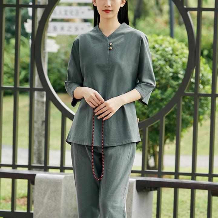 Buddha Stones 2Pcs Shirt Top Pants Meditation Zen Tai Chi Cotton Linen Clothing Women's Set