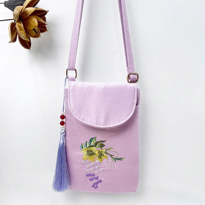 Buddha Stones Small Embroidered Flowers Crossbody Bag Shoulder Bag Double Layer Cellphone Bag