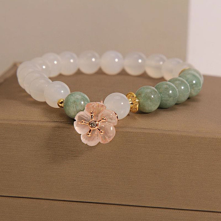 Buddha Stones White Agate Jade Flower Charm Luck Protection Bracelet