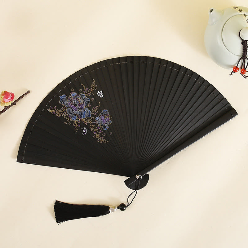 Buddha Stones Hibiscus Flower Plum Blossom Handheld Bamboo Folding Fan