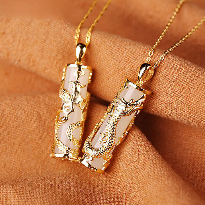 Buddha Stones Jade Dragon Phoenix Copper Blessing Harmony Necklace Pendant - image 8