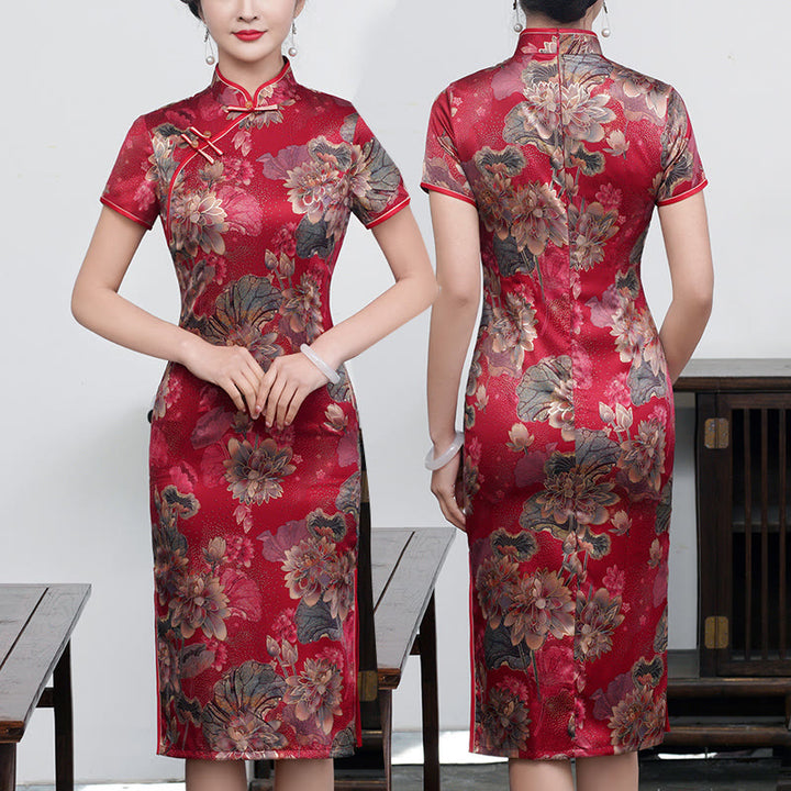 Buddha Stones Retro Flower Lotus Peony Feather Print Qipao Dress Women's Cheongsam Dress