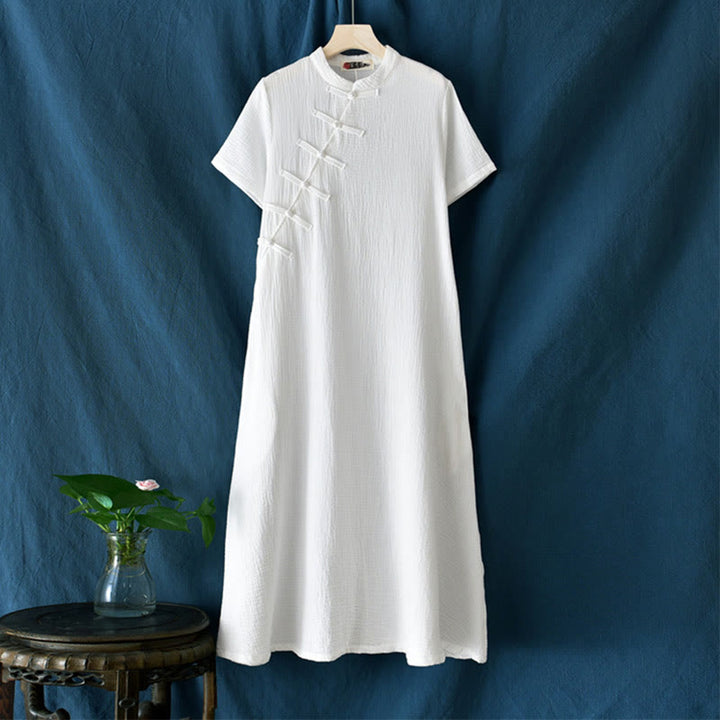 Buddha Stones Frog-Button Midi Dress Cotton Linen Short Sleeve Dress With Pockets