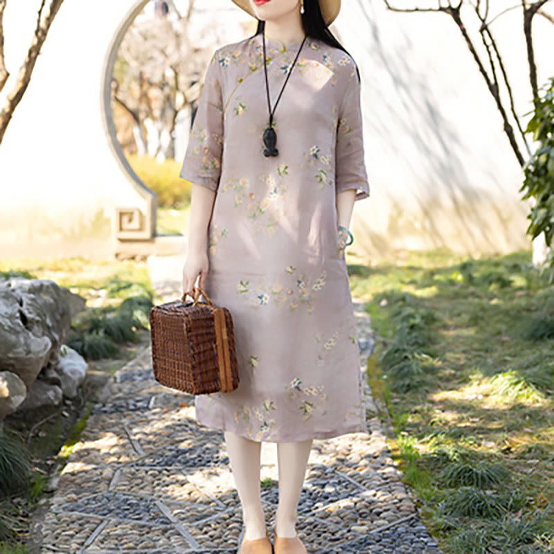 Buddha Stones Yellow Beige Flowers Print Cheongsam Midi Dress Cotton Linen Half Sleeve Dress With Pockets