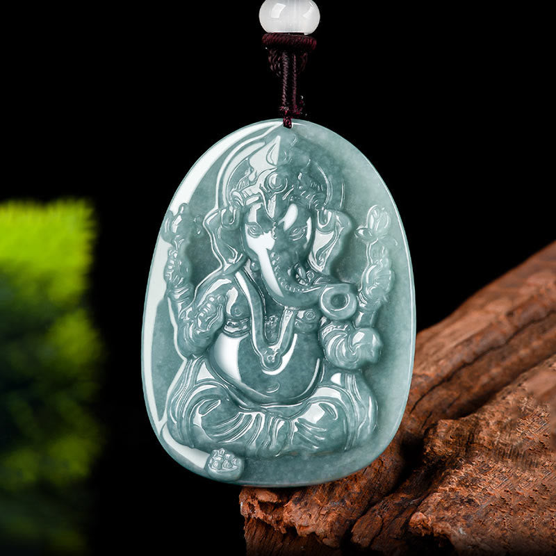 Buddha Stones Natural Jade Ganesh Ganpati Elephant Protection Amulet Necklace Pendant - image 7
