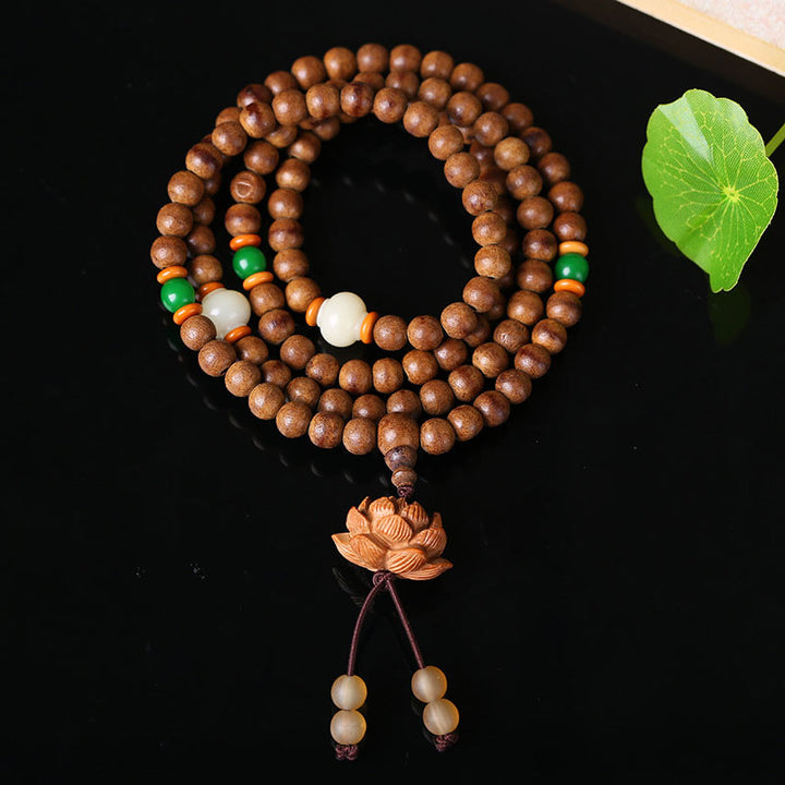 Buddha Stones 108 Mala Beads Peach Wood Bodhi Seed Lotus Prayer Meditation Bracelet