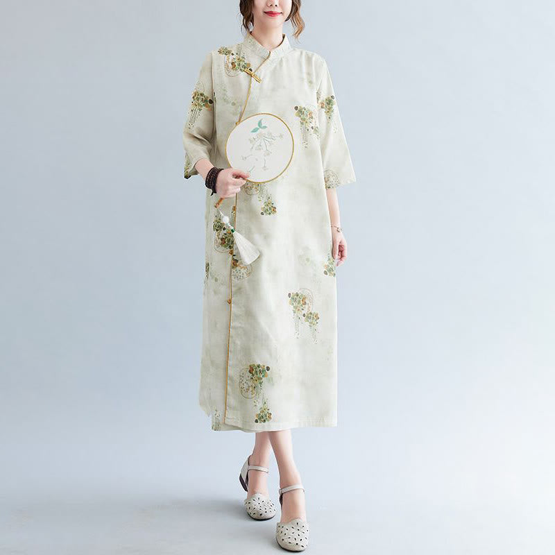 Buddha Stones Flowers Green Yellow Leaves Print Cheongsam Midi Dress Three Quarter Sleeve Dress With Pockets