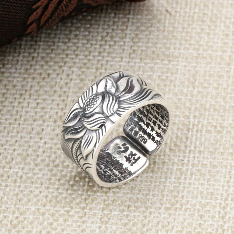 999 Sterling Silver Lotus Symbol Heart Sutra Protection Ring - image 8
