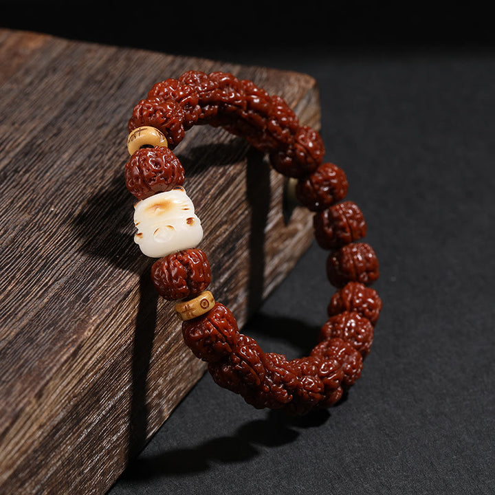 Buddha Stones Tibet Rudraksha Bodhi Seed Dzi Bead Lucky Cat Dancing Lion Wealth Bracelet Wrist Mala