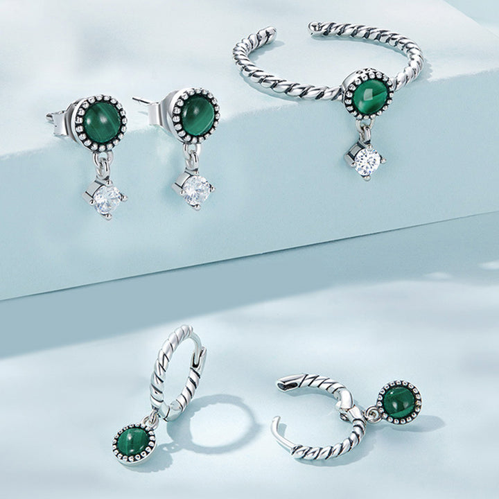 925 Sterling Silver Round Malachite Anti-Anxiety Drop Earrings - image 7
