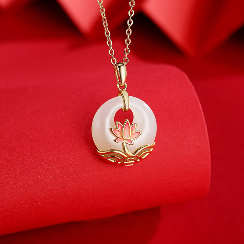 Buddha Stones 925 Sterling Silver Hetian White Jade Lotus Flower Blessing Necklace Pendant - image 1