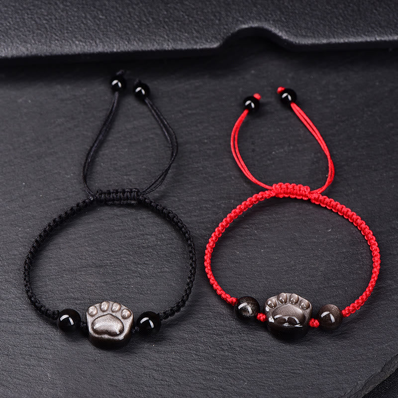Buddha Stones Natural Silver Sheen Obsidian Gold Sheen Obsidian Cute Cat Paw Claw Protection Rope Bracelet - image 2