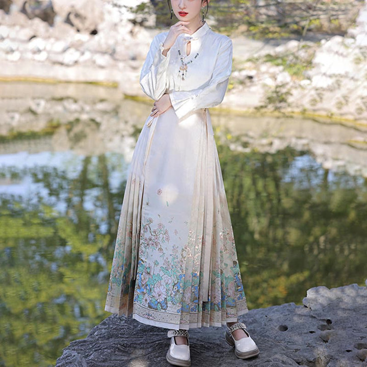 Buddha Stones Beige Summer Lotus Flowers Pond Printed Chinese Hanfu Horse Face Skirt Mamianqun