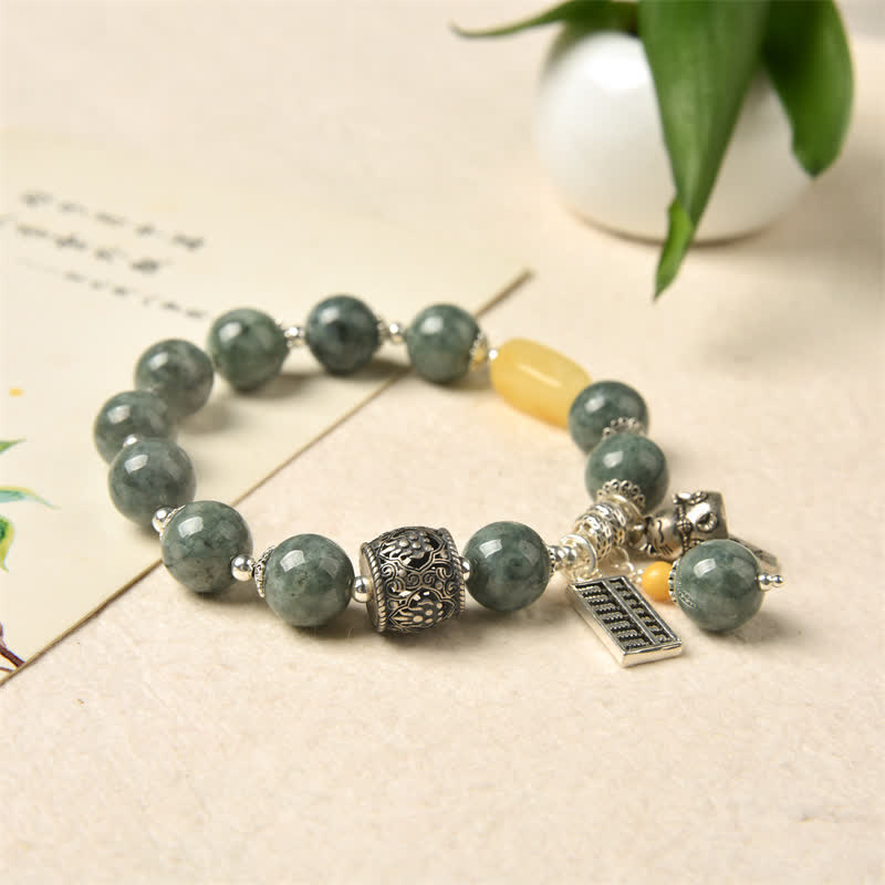925 Sterling Silver Cyan Jade Amber Abacus Lucky Cat Success Bracelet - image 6