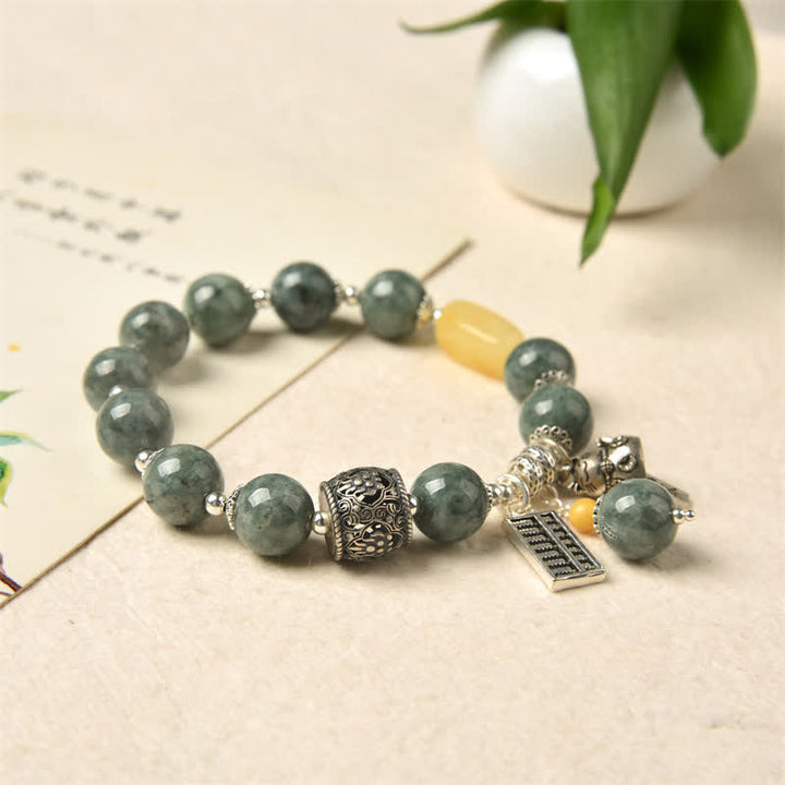 925 Sterling Silver Cyan Jade Amber Abacus Lucky Cat Success Bracelet - image 6