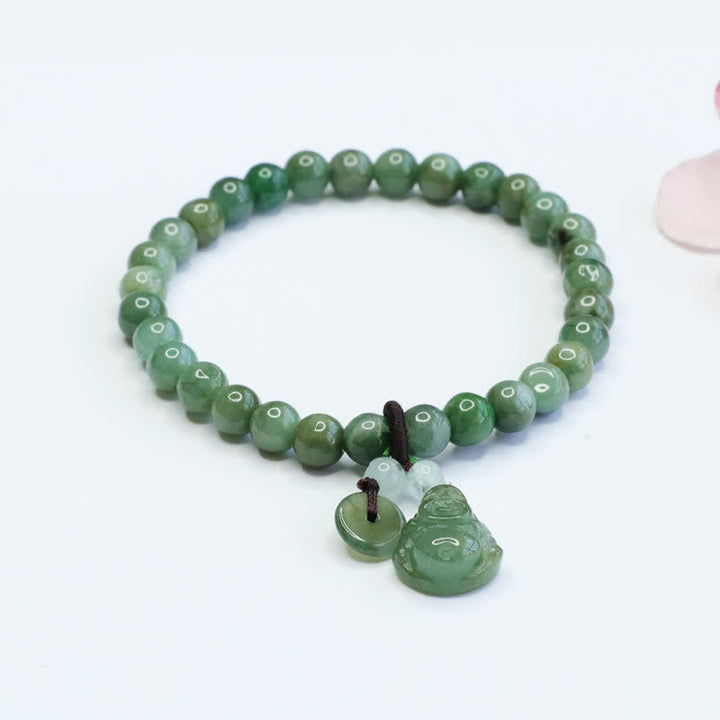 Buddha Stones Laughing Buddha Cyan Jade Healing Bracelet - Cyan Jade(Wrist Circumference: 14-15.5cm) - image 0