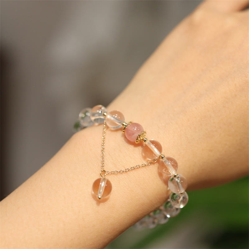Natural Silver Sheen Obsidian Pink Crystal White Crystal Protection Yin Yang Color Couple Bracelet - image 5