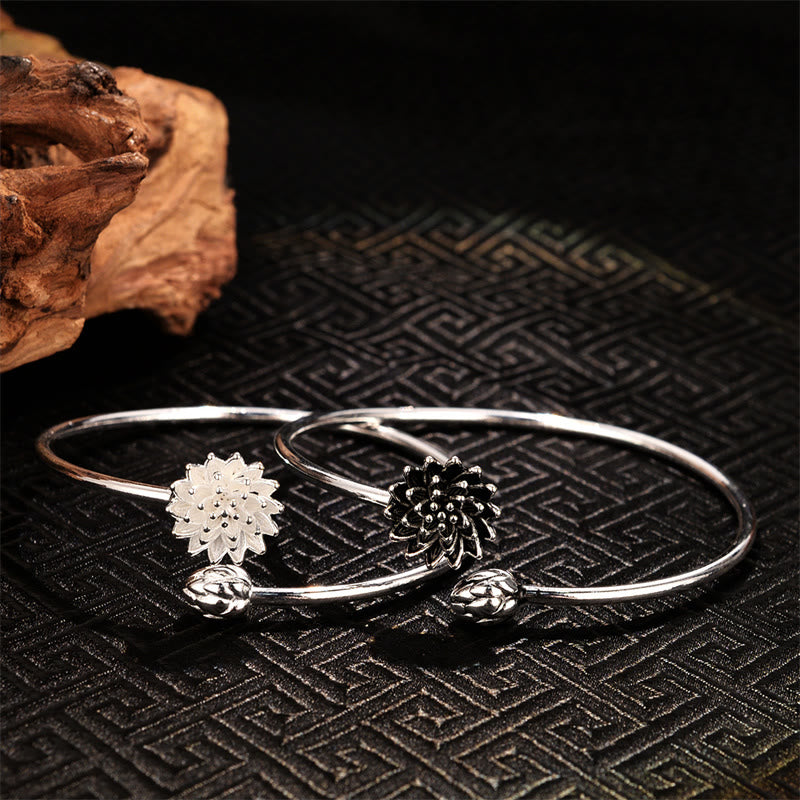 Buddha Stones Retro Lotus White Copper Enlightenment Bracelet Bangle - image 5