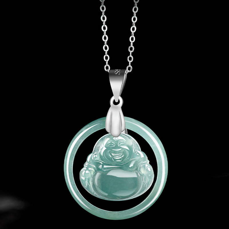 Buddha Stones Natural Jade Round Laughing Buddha Abundance Titanium Steel Chain Necklace Pendant - image 3