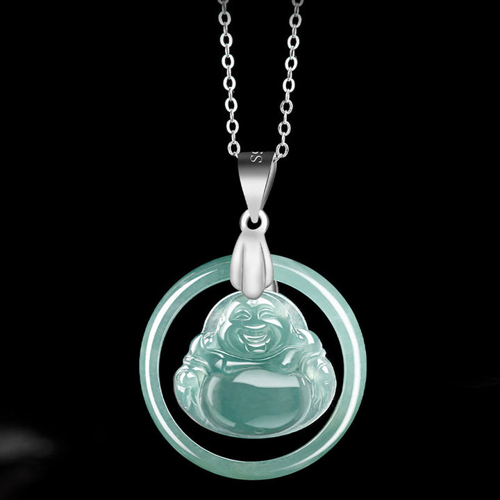 Buddha Stones Natural Jade Round Laughing Buddha Abundance Titanium Steel Chain Necklace Pendant - image 3