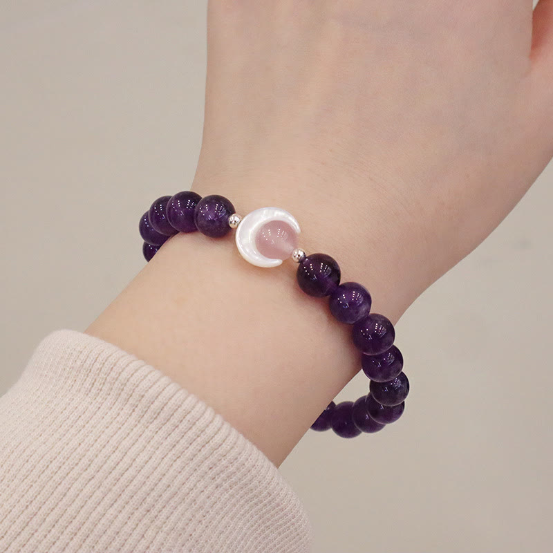 Buddha Stones 925 Sterling Silver Natural Amethyst Aquamarine Pink Crystal Cat's Eye Healing Crescent Moon Bracelet - Amethyst(Inner Peace♥Healing)(Wrist Circumference 14-16cm) - image 3