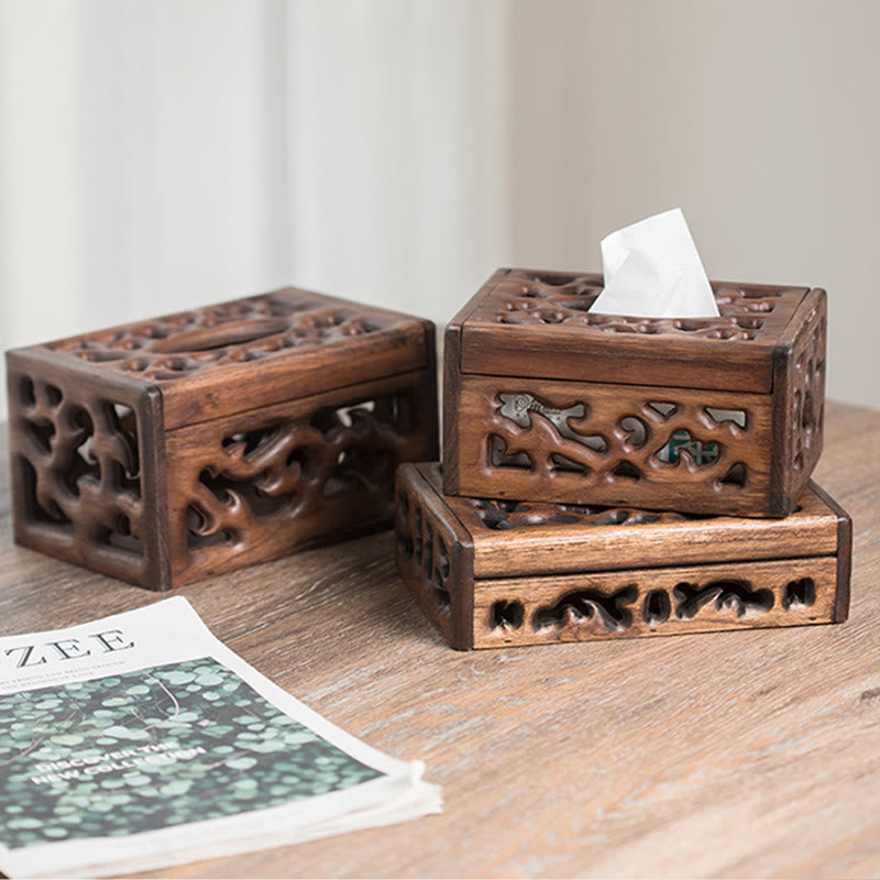 Retro Wooden Tissue Box Engraved Wooden Tissue Holder Wipes Boxes Decoration - image 1