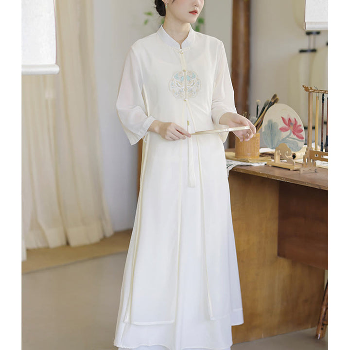 Buddha Stones Embroidery Chiffon Cheongsam Midi Dress Wide Leg Pants Meditation Zen Practice Clothing