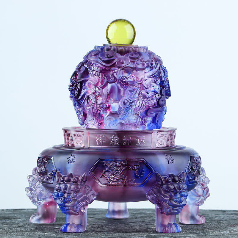 Feng Shui Auspicious Dragon Handmade Liuli Crystal Rotatable Art Piece Luck Home Office Decoration - Purple - image 0