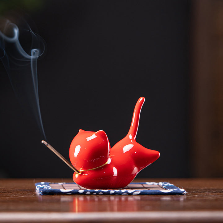 Lovely Cat Panda Ceramic Blessing Incense Burner Decoration - Red Cat Incense Holder - image 10