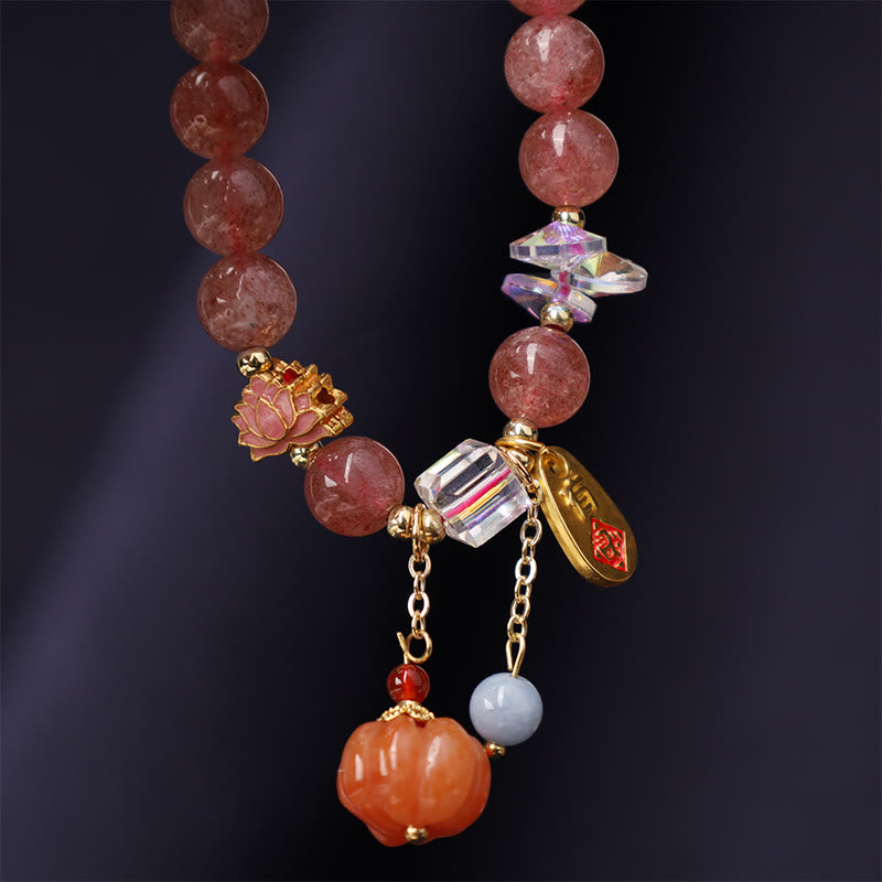 Buddha Stones Natural Strawberry Quartz Fu Character Pumpkin Charm Positive Bracelet