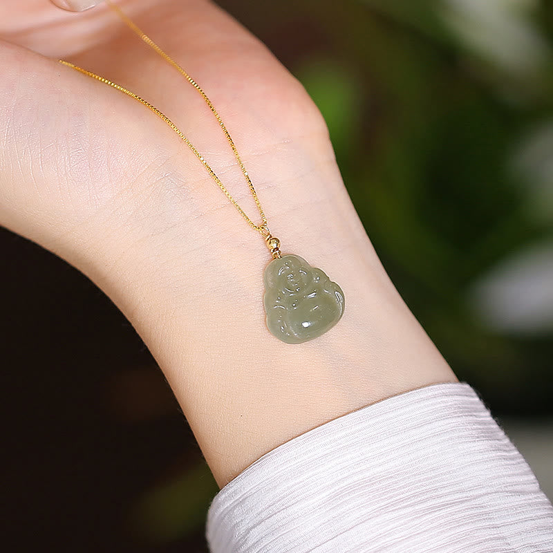925 Sterling Silver Natural Hetian Jade Cyan Jade Luck Laughing Buddha Butterfly Necklace Pendant - Hetian Jade Laughing Buddha - image 2