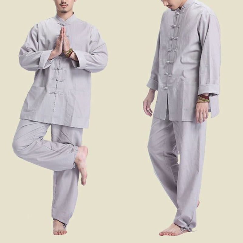 Buddha Stones Chinese Frog Button Design Meditation Prayer Cotton Linen Spiritual Zen Practice Yoga Clothing Men's Set - image 1
