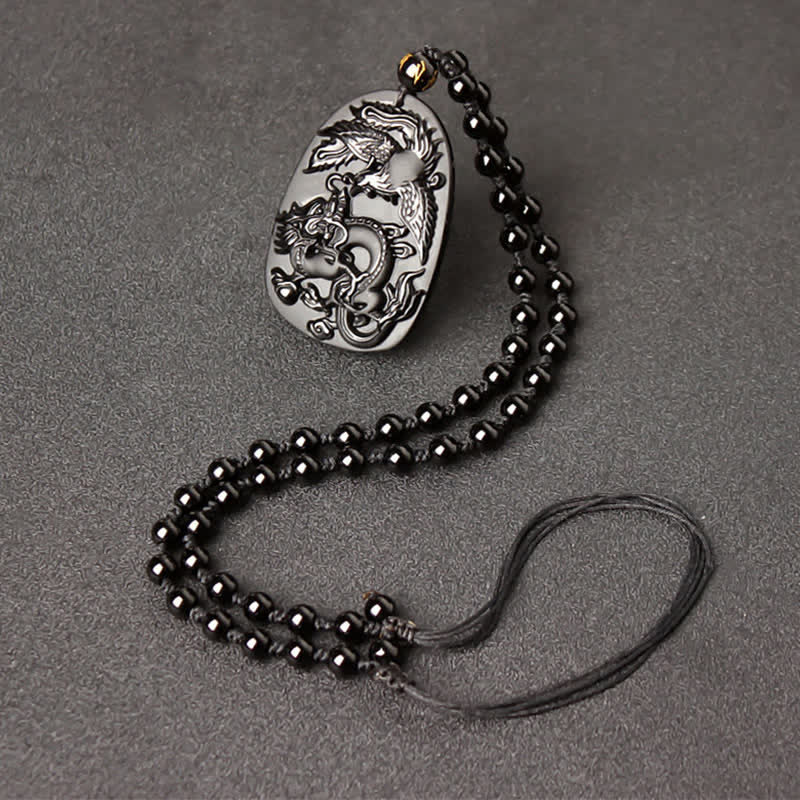 Black Obsidian Tiger Eye Dragon Phoenix Protection Beaded Necklace Pendant - Obsidian Retractable Bead String - image 9