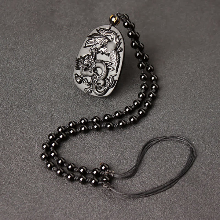 Black Obsidian Tiger Eye Dragon Phoenix Protection Beaded Necklace Pendant - Obsidian Retractable Bead String - image 9