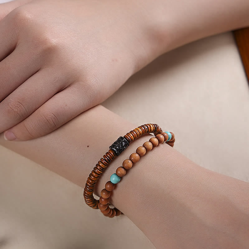 Buddha Stones Sandalwood Small Leaf Red Sandalwood Turquoise Protection Double Wrap Bracelet