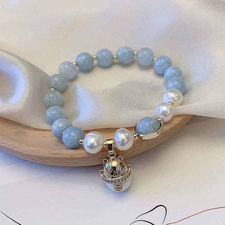 Buddha Stones Aquamarine Pearl Peace Healing Lucky Cat Charm Bracelet - image 5