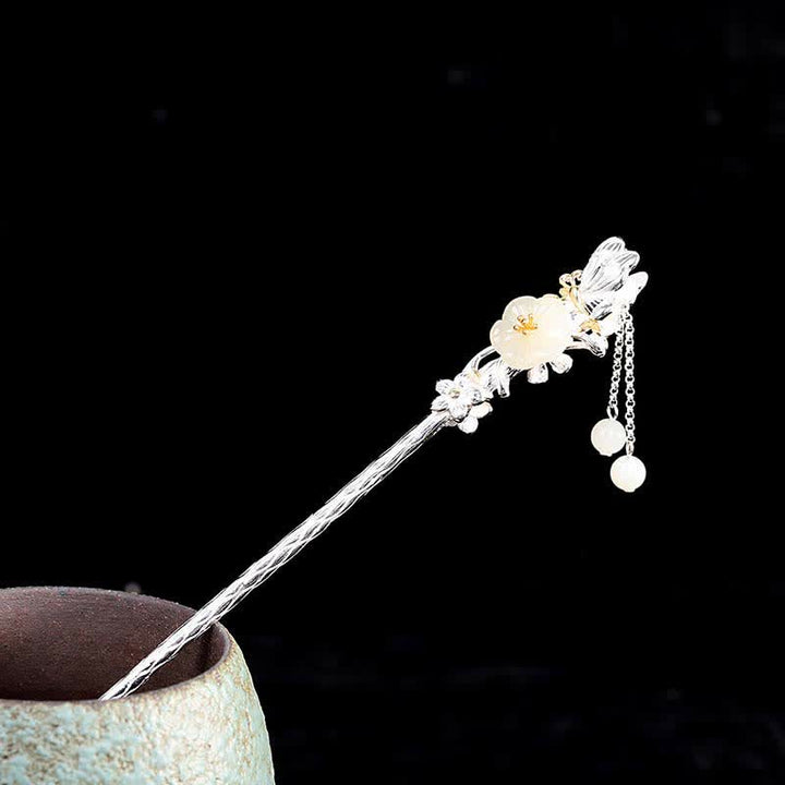 925 Sterling Silver Hetian White Jade Flower Blessing Hairpin - Hetian White Jade ( Protection ♥ Happiness) - image 0