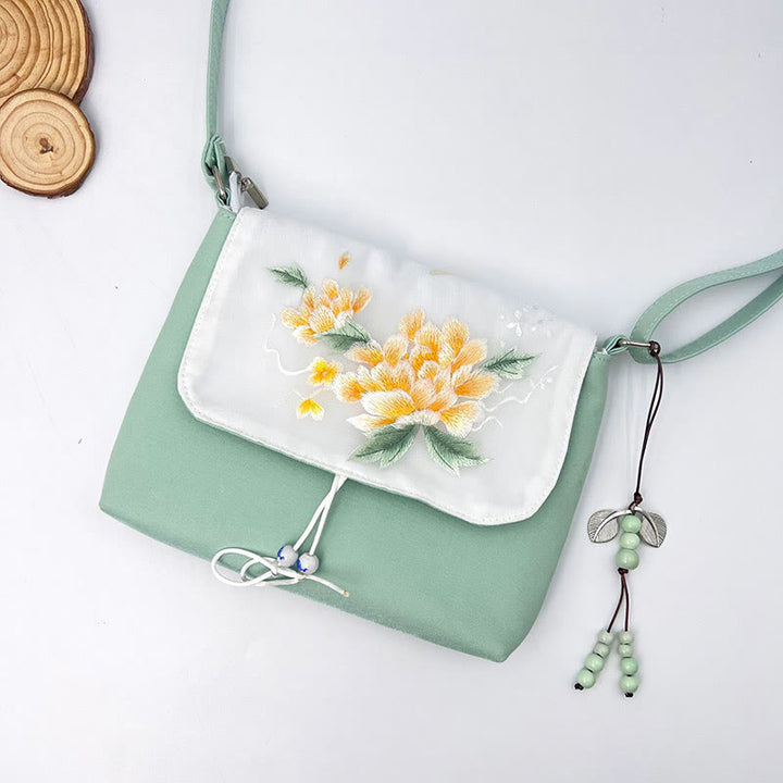 Buddha Stones Embroidered Camellia Epiphyllum Gardenia Sakura Flowers Crossbody Bag Shoulder Bag Cellphone Bag