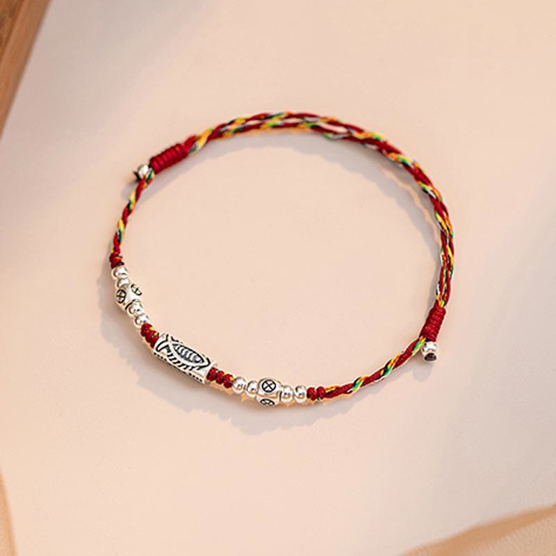 Buddha Stones 925 Sterling Silver Luck Koi Fish Braided Colorful String Bracelet Anklet - image 13
