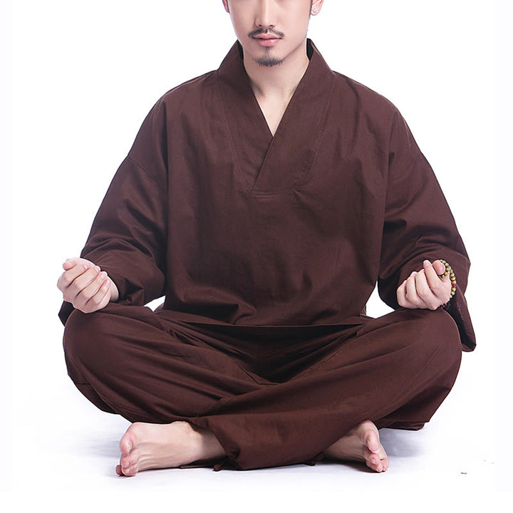 Buddha Stones Meditation Prayer V-neck Design Cotton Linen Spiritual Zen Practice Yoga Clothing Men's Set - Brown - US/UK/AU44，EU54 (3XL) - image 0