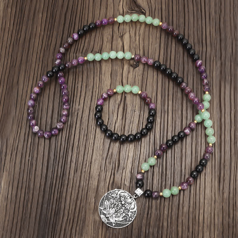 Buddha Stones 108 Mala Beads Amethyst Green Aventurine Lotus Meditation Bracelet - image 1