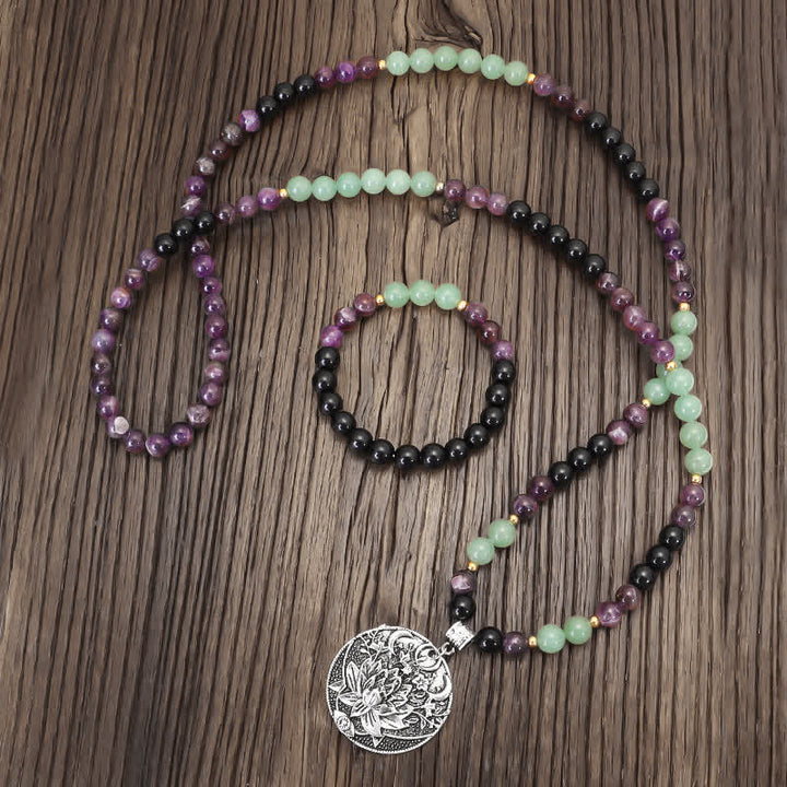 Buddha Stones 108 Mala Beads Amethyst Green Aventurine Lotus Meditation Bracelet - image 1